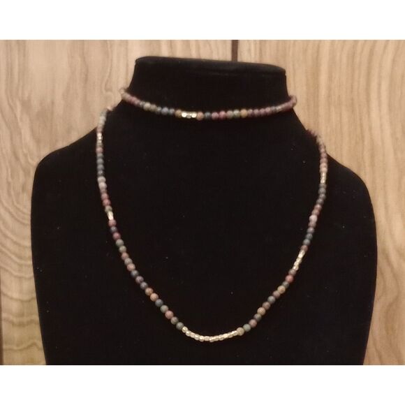 Natural Stone Agate Metal Beaded 34" Elastic Stretch Necklace - Picture 1 of 5